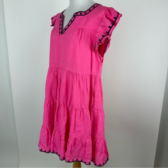 Navy Bleu Eloise Pink Embroidered Linen Flutter Sleeve Dress Size Large - Picture 8 of 14